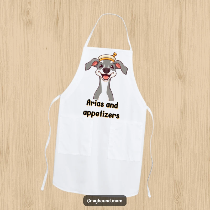 Funny Greyhound wearing a miniature opera hat, joyful grin, humorous and practical kitchen apron.