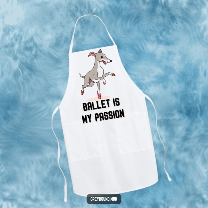 Funny Apron: A Greyhound in ballet slippers attempts a pirouette while cooking, adding a comical flair to kitchen duties.
