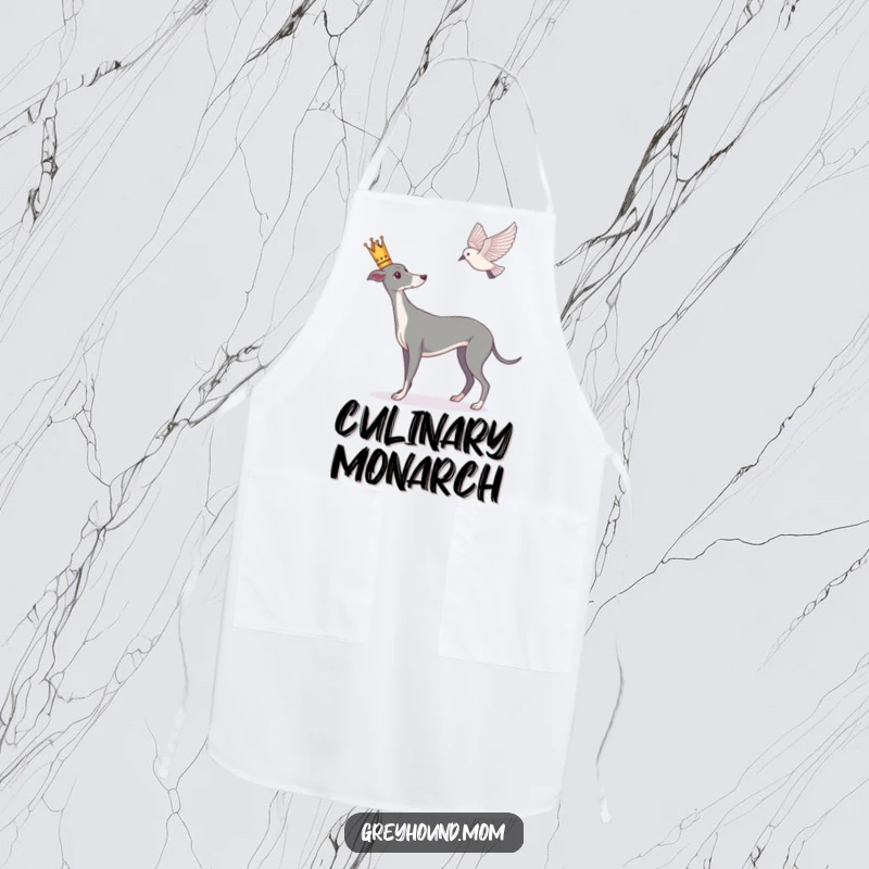 Funny Greyhound apron, chef's attire with a crowned dog intently watching a bird, gourmet contemplation.