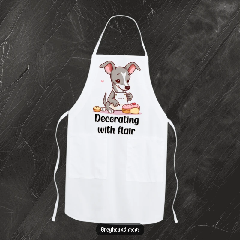 Funny Greyhound baker apron with a slender dog wearing an apron, delicately decorating a tiny pastry, designed for artistic baking.