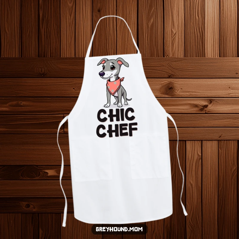 Funny Greyhound apron, chef's wear with a proud dog wearing a stylish bandana, cool kitchen vibes.