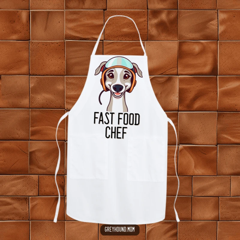 Funny apron featuring a determined Greyhound wearing a racing helmet, blending practicality with canine racing enthusiasm.