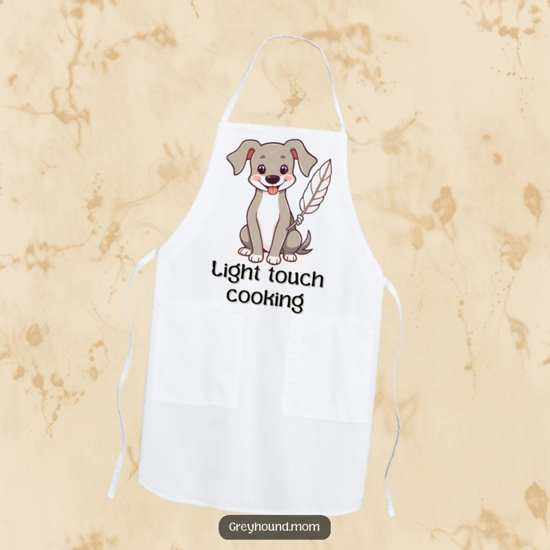 Funny Greyhound apron, chef's wear with a smiling dog holding a single feather, lighthearted cooking.