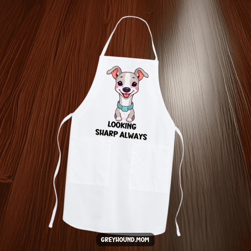 Funny Greyhound smiling apron, a dog with an elegant collar, kitchen fashion.