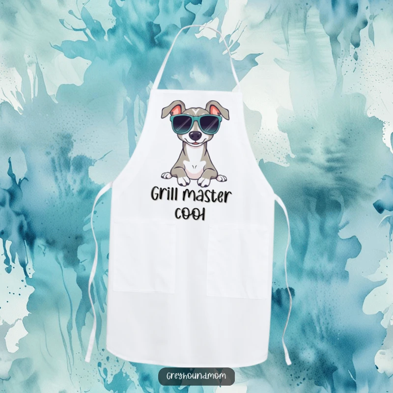 Funny Sunglasses Greyhound Apron: A chef's apron with a dog in shades, relaxing, a fun and practical funny gift.