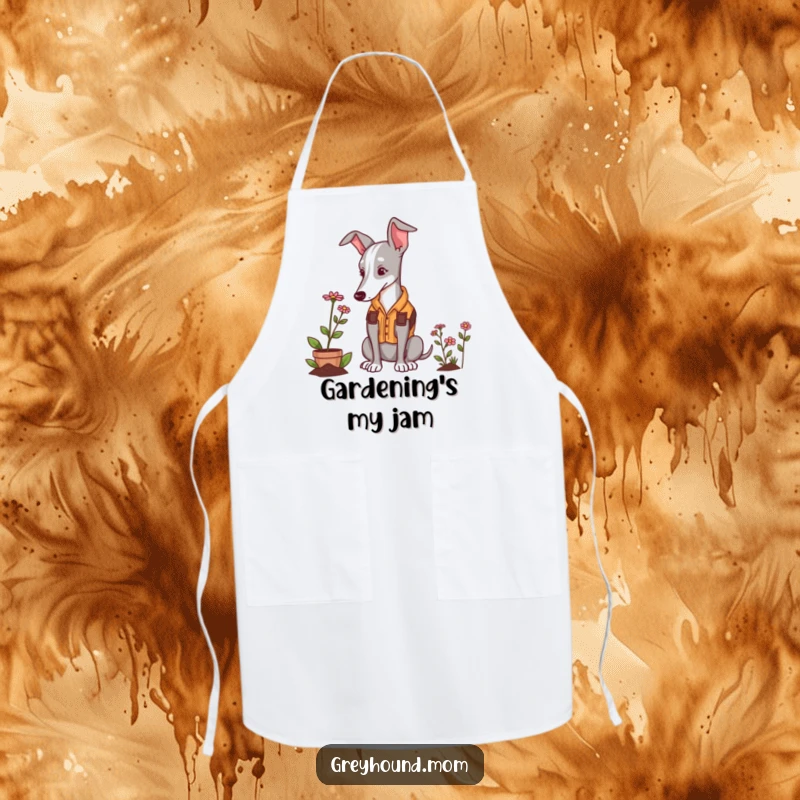 Funny Greyhound gardener apron, a dog in a vest admiring a flower, kitchen and garden.