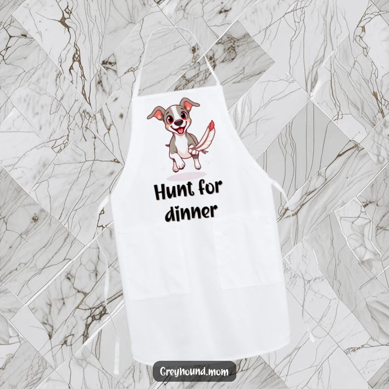Funny apron showing a Greyhound with eager eyes, focused on chasing a feather toy.