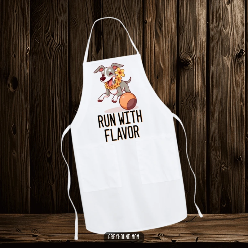 Funny Greyhound with a flower lei, joyfully running, chasing a rolling ball, humorous and practical kitchen apron.