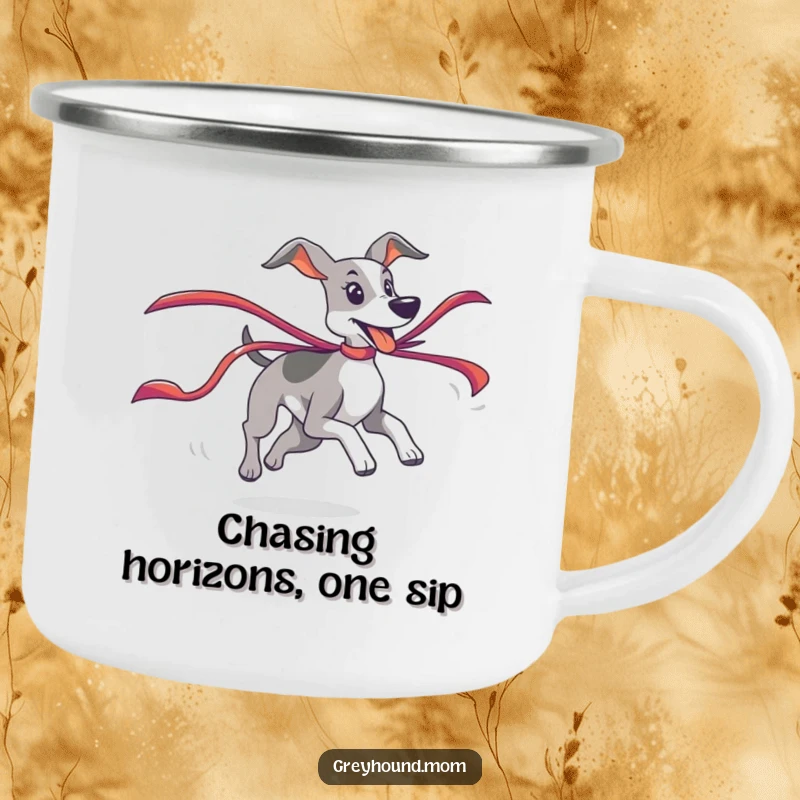 Funny Greyhound Camping Mug depicting a playful chase of a colorful ribbon, perfect for outdoor adventures.