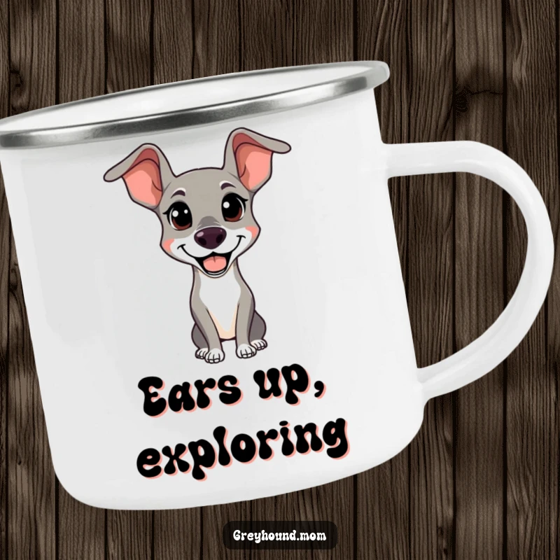 Funny Alert Greyhound Camping Mug: A sturdy mug featuring a happy, alert dog, a humorous outdoor funny gift.