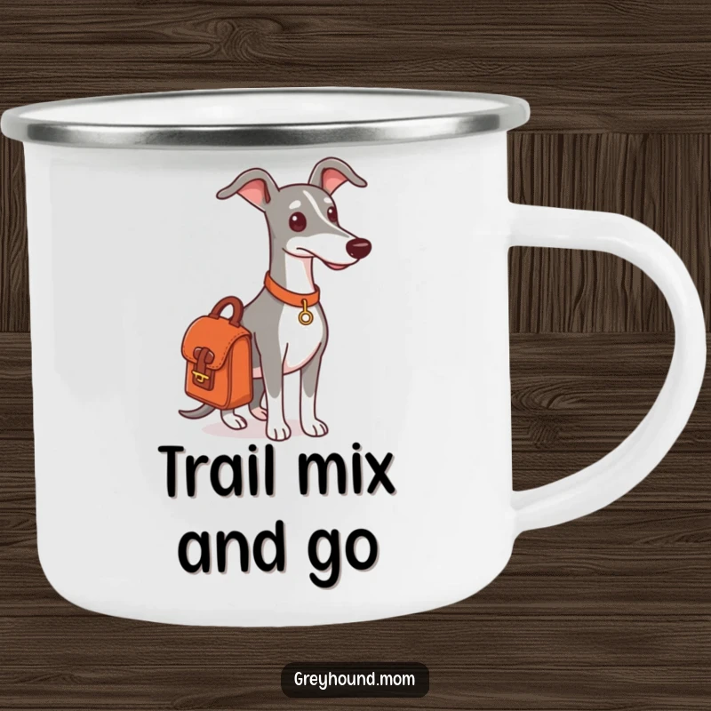 Funny Greyhound satchel camping mug, a dog ready for an outing, outdoor adventure.