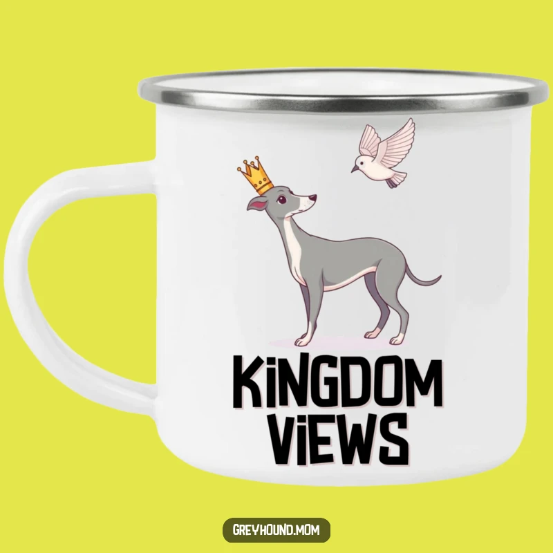 Funny Greyhound Camping Mug: Crowned Watcher, Regal Outdoor Brew