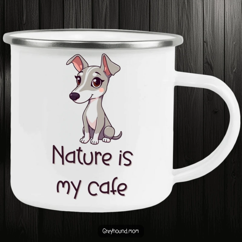 Funny camping mug showing a Greyhound with a gentle gaze, attentively watching the great outdoors.