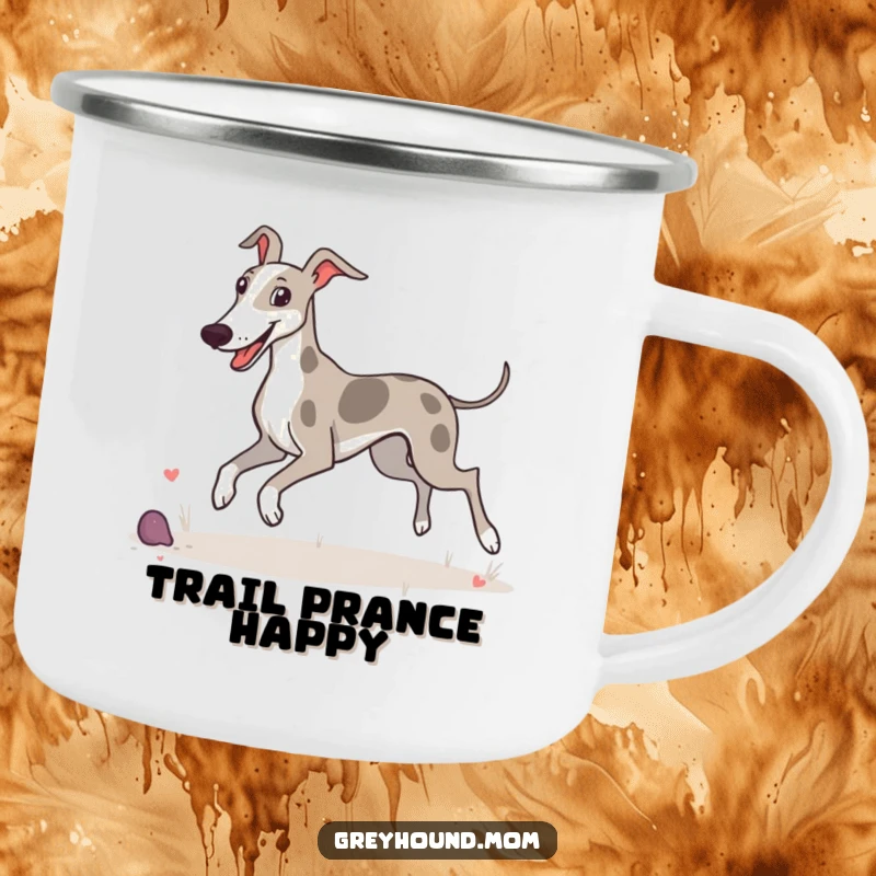 Funny camping mug showing a Greyhound happily prancing and enjoying its surroundings with pure delight.