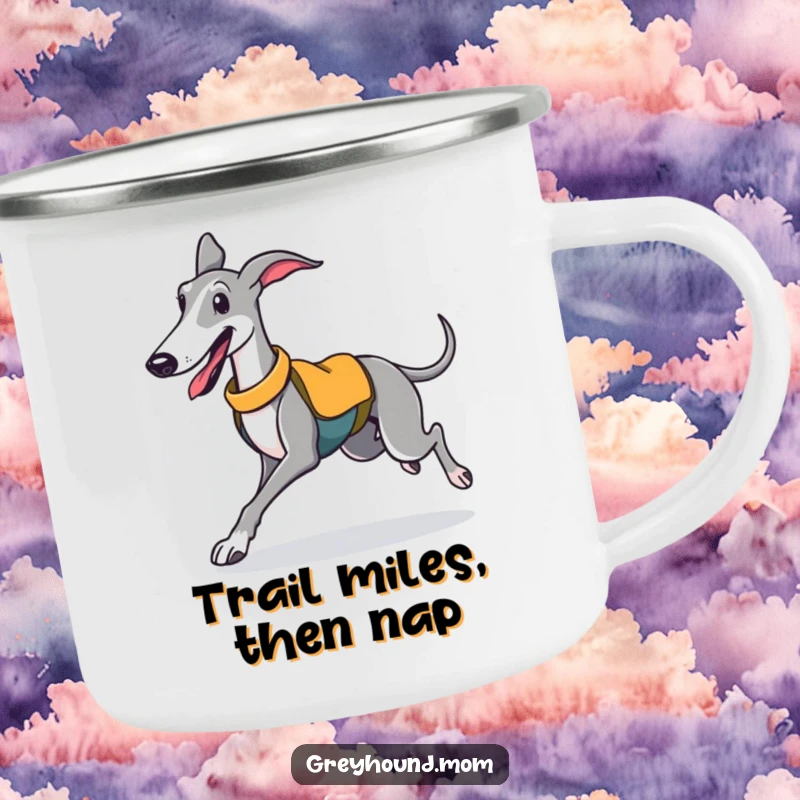 Funny camping mug featuring a sporty Greyhound trotting with joyful energy, ready for the outdoors.