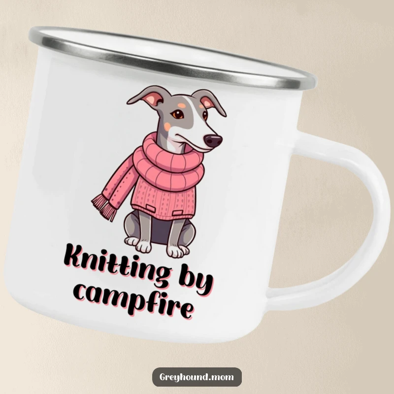 Funny Greyhound camping mug, dog in a sweater knitting a scarf, ready for outdoor relaxation. Perfect funny gift for crafters.