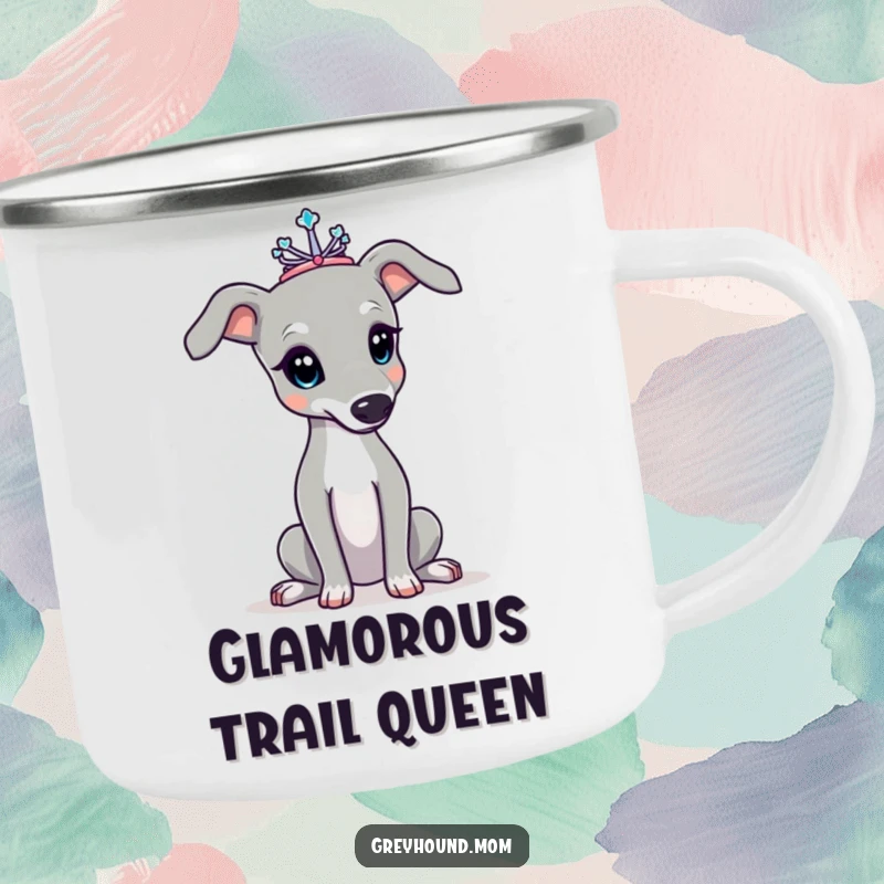 Funny Greyhound camping mug, dog with a tiny tiara posing elegantly, ready for sophisticated outdoor enjoyment. Perfect funny gift for hikers.