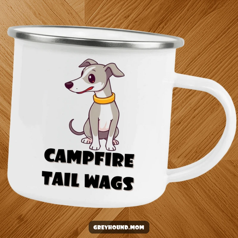 Funny Camping Mug: A Greyhound with a shiny collar is shown wagging its tail, bringing cheer to any outdoor setting.