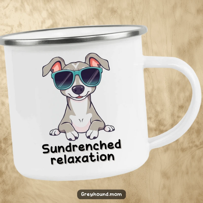 Funny Sunglasses Greyhound Camping Mug: A sturdy mug with a dog in shades, relaxing, a humorous outdoor funny gift.