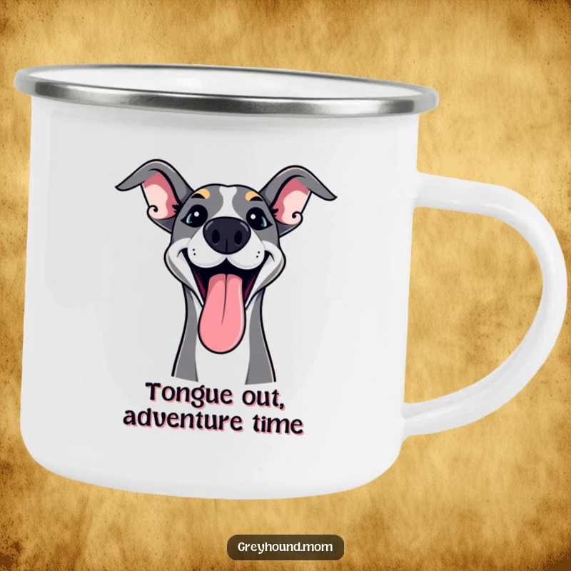 Funny Greyhound Camping Mug with tongue lolling out in playful excitement, perfect for outdoor adventures.