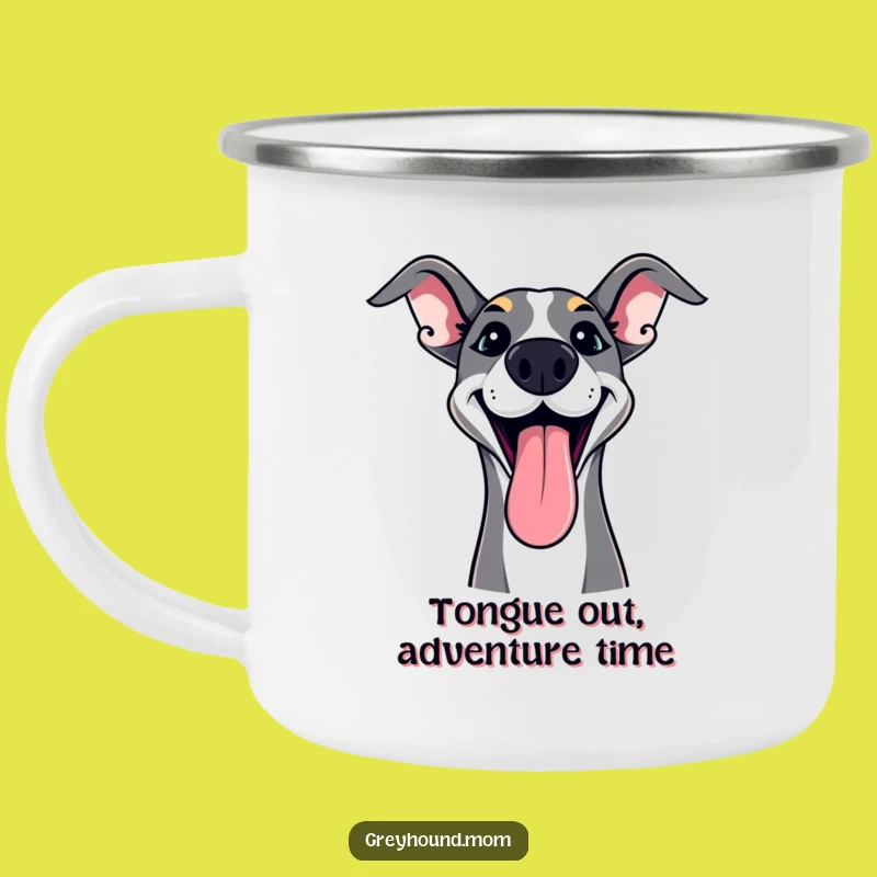 Funny Adventure Greyhound Camping Mug: Tongue Out Fun - Outdoor Gift