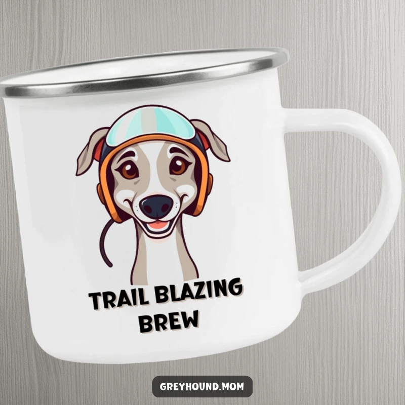 Funny camping mug with a determined Greyhound wearing a racing helmet, ideal for outdoor lovers who appreciate canine racers.