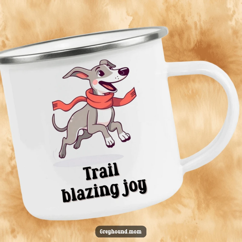Funny Greyhound in a sleek racing scarf running with pure joy, depicted on a durable camping mug for humorous outdoor adventures.