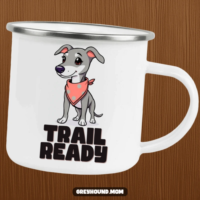 Funny Greyhound camping mug, enamel cup with a proud dog wearing a stylish bandana, cool outdoors.