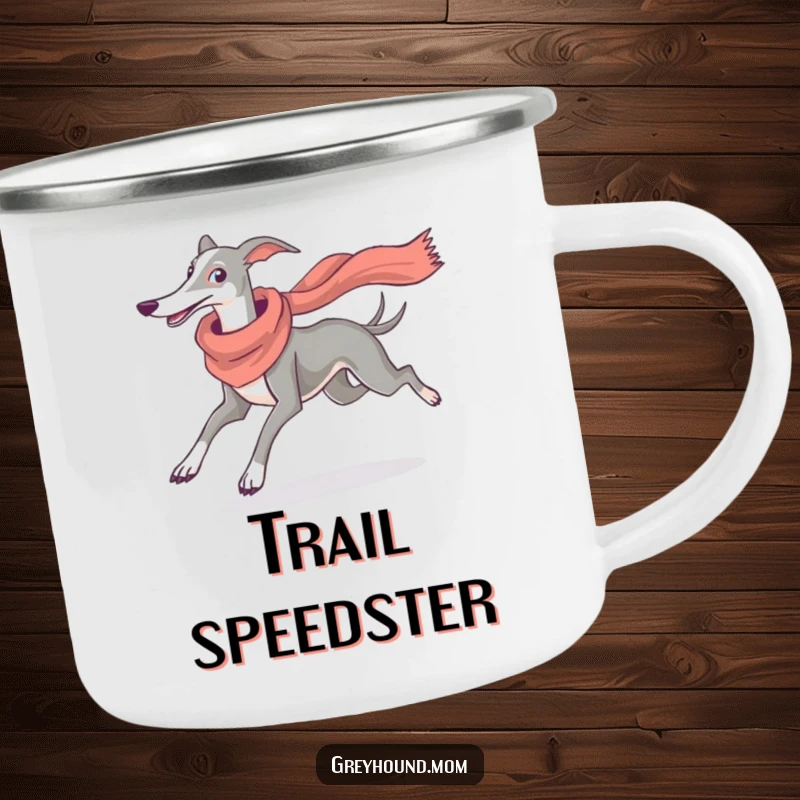 Funny Greyhound Scarf Camping Mug: Durable cup with a dog running gracefully, scarf flying, humorous outdoor gift.