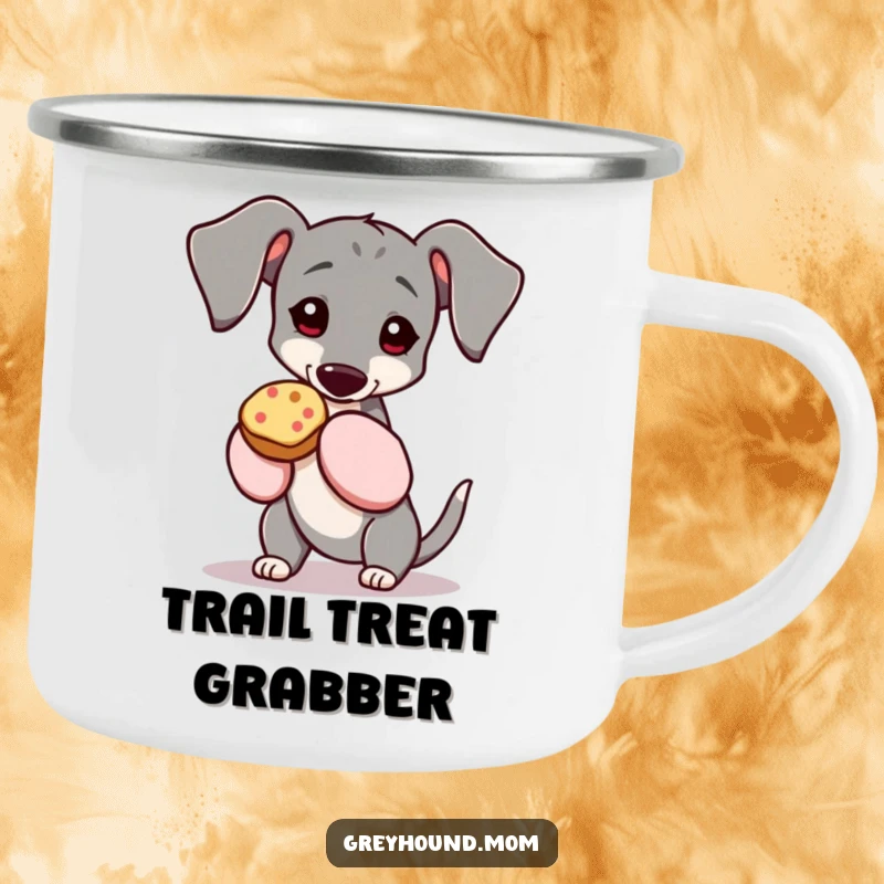 Funny Greyhound camping mug, dog in oven mitts holding a treat, ready for outdoor snacking enjoyment. Perfect funny gift for hikers.