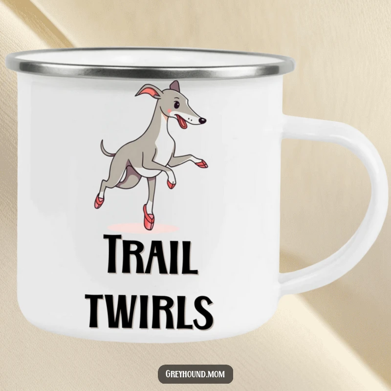 Funny Camping Mug: A Greyhound wearing ballet slippers tries a pirouette by the campfire, offering a humorous visual.