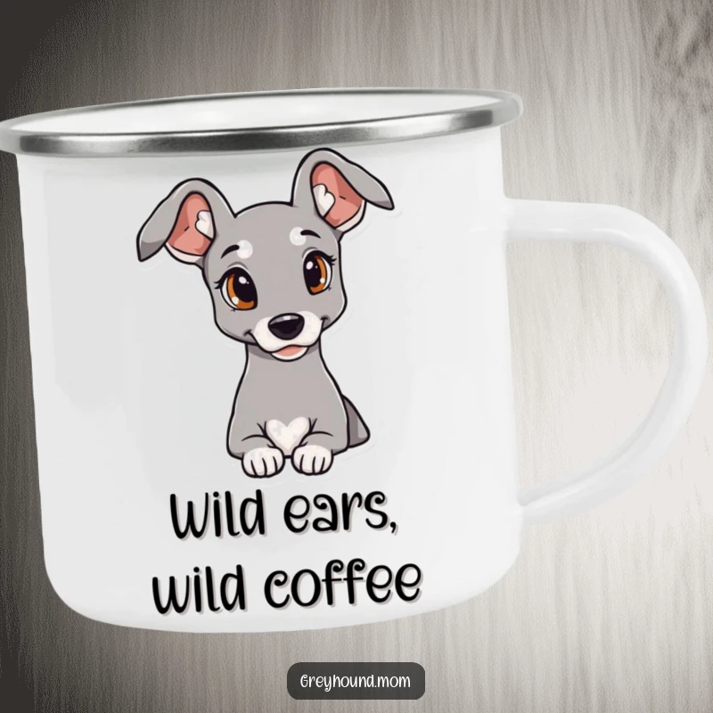 Funny Greyhound Camping Mug with elegant ears and a curious look, perfect for outdoor adventures.