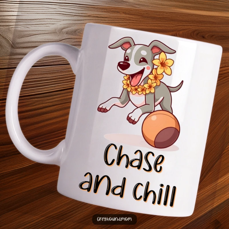 Funny Greyhound wearing a flower lei, joyfully running and chasing a rolling ball, perfect gift for dog enthusiasts.