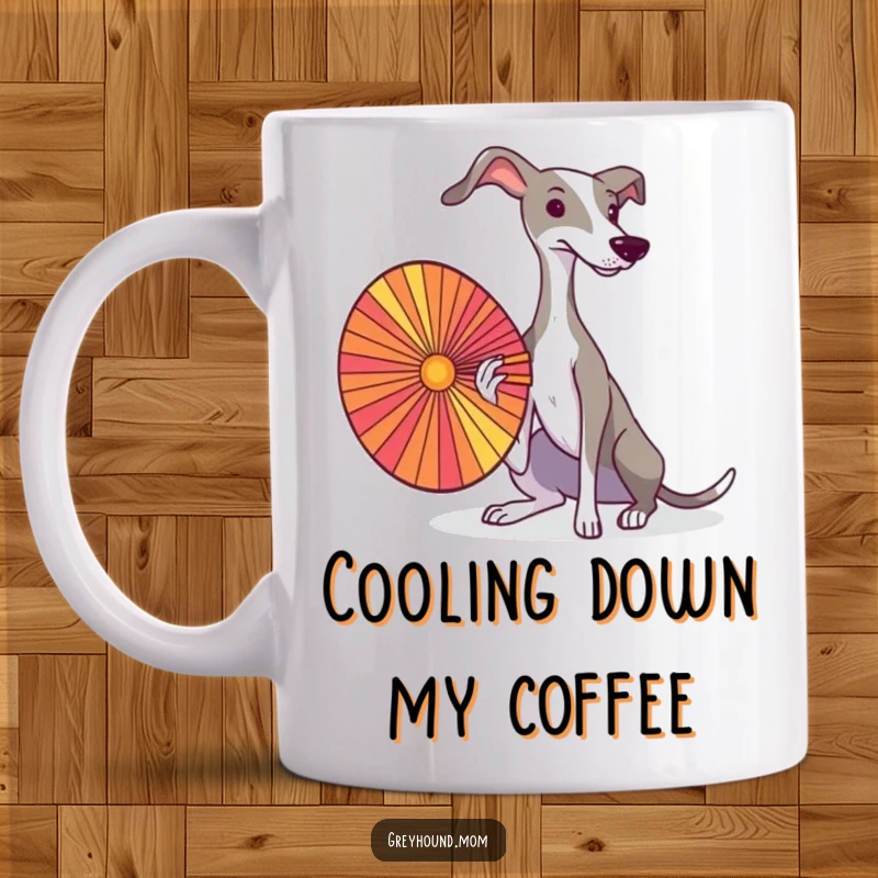 A graceful Greyhound elegantly fanning itself with a vibrant, colorful fan on this stylish and chic mug.