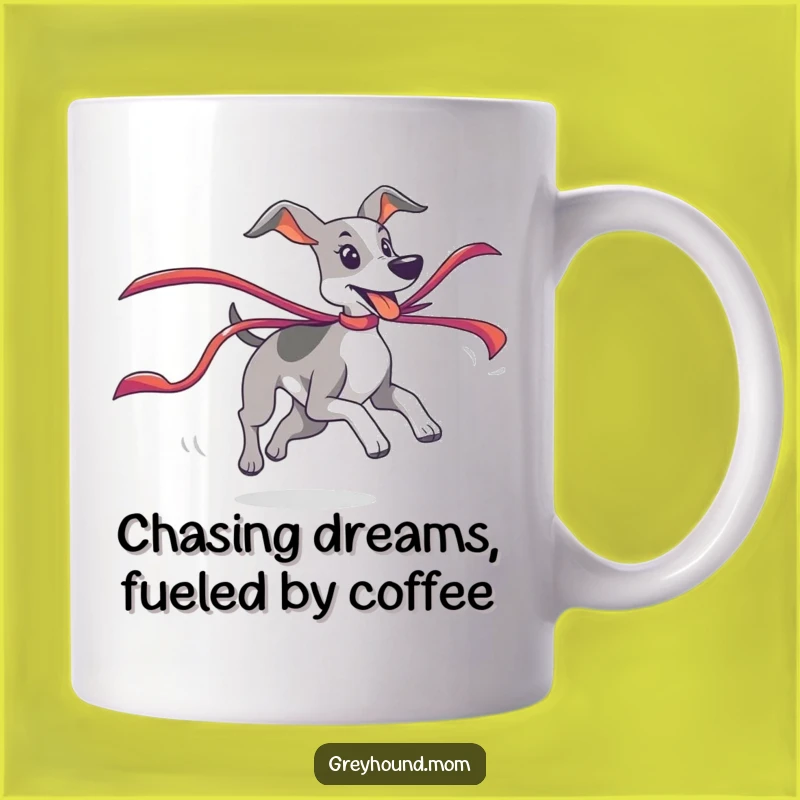 Funny Action Greyhound Mug: Chasing Ribbon Fun - Active Dog Gift