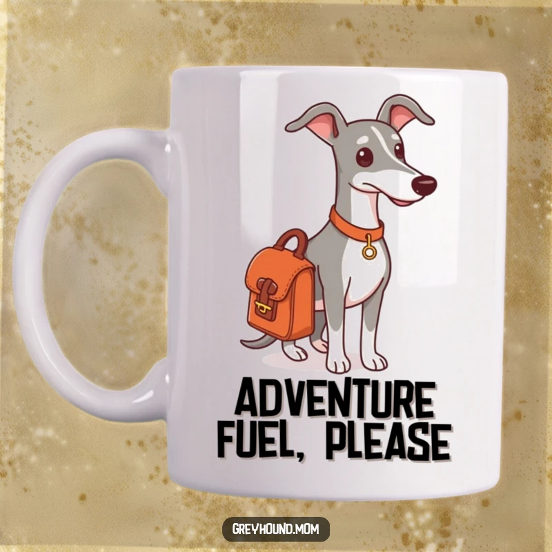 Funny Greyhound satchel mug, a dog packed and ready for an exciting outing.