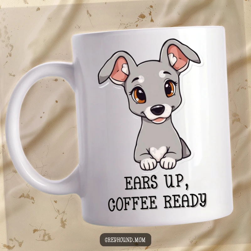 Funny Greyhound Mug with elegant ears looking curiously ahead, perfect gift for dog lovers.