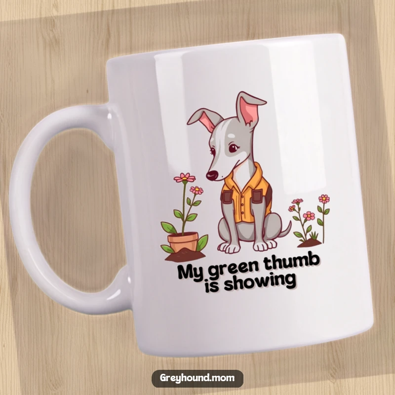 Funny Greyhound gardening mug, a dapper dog in a vest admiring a small flower with joy.
