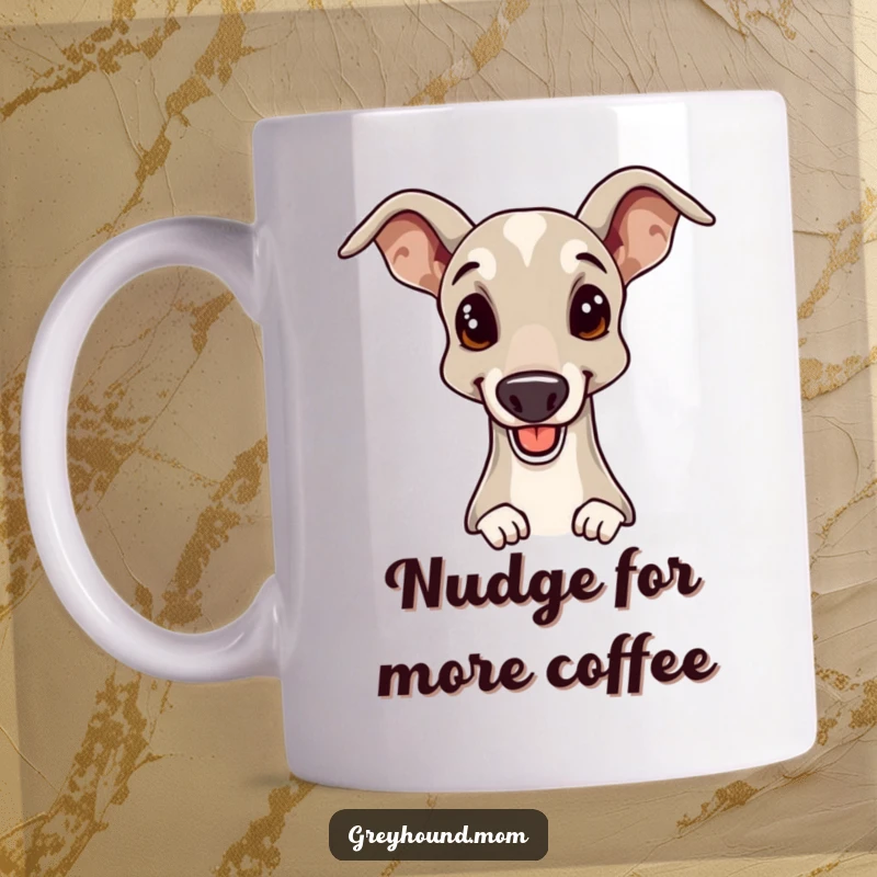 Funny Greyhound mug showing a cheerful dog offering a gentle, elegant head nudge, perfect for dog lovers and fans.