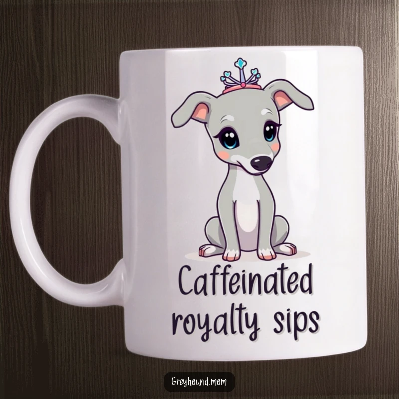 Funny Greyhound mug, adorned with a tiny tiara, striking an elegant pose with poise and grace. Great funny gift for dog lovers.