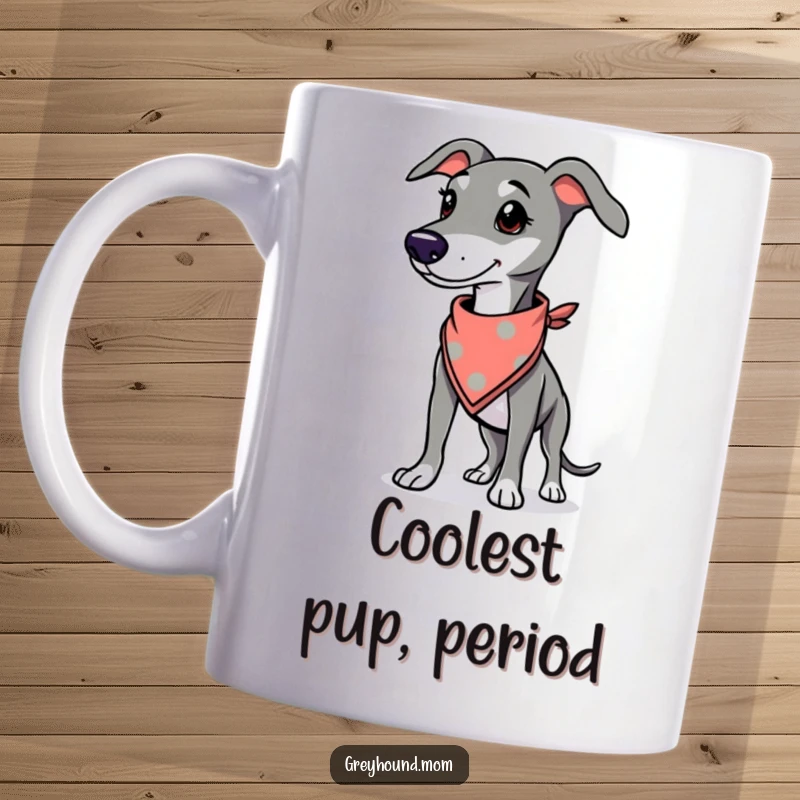 Funny Greyhound mug, proud dog standing tall wearing a stylish bandana, conveying confidence and cool.