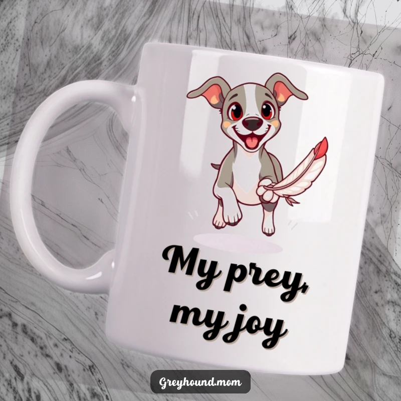 Funny mug: A Greyhound with intense, eager eyes joyfully chases a feathered toy.