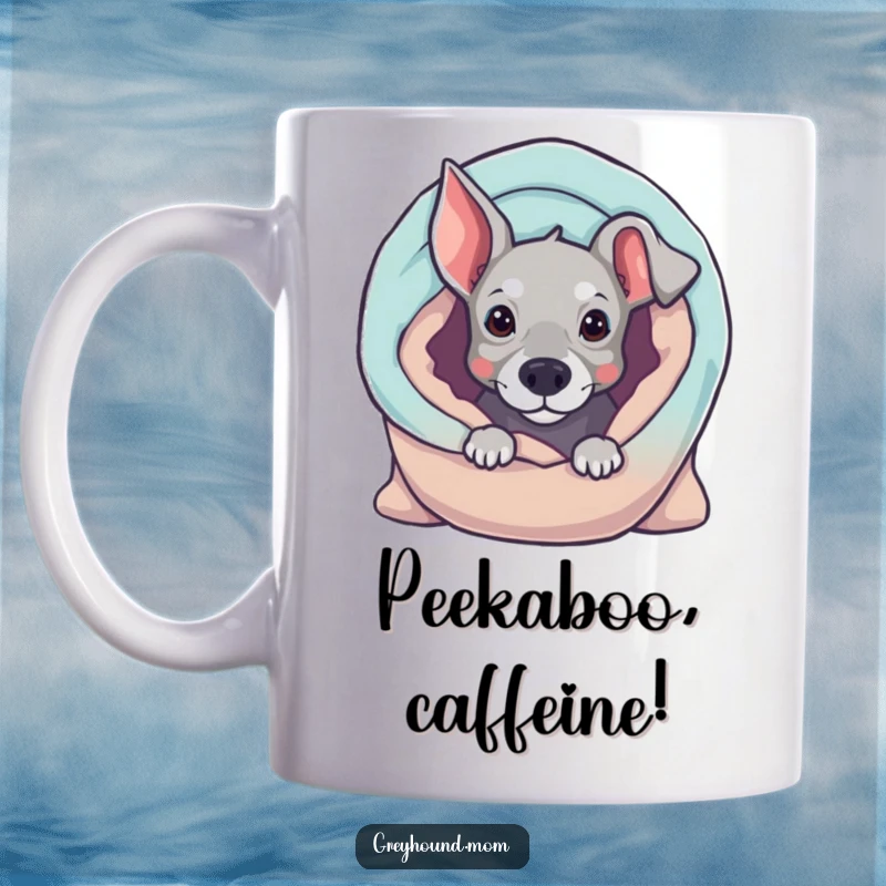 Funny Greyhound mug, curious dog peeking from a cozy blanket, adorable and shy canine expression, perfect gift for dog moms.