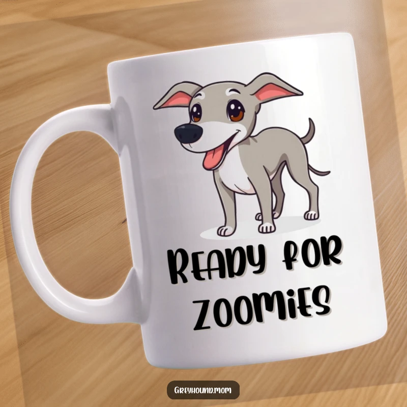 Funny Greyhound mug showing a sleek dog looking energetic and ready for fun, perfect for playful dog enthusiasts.
