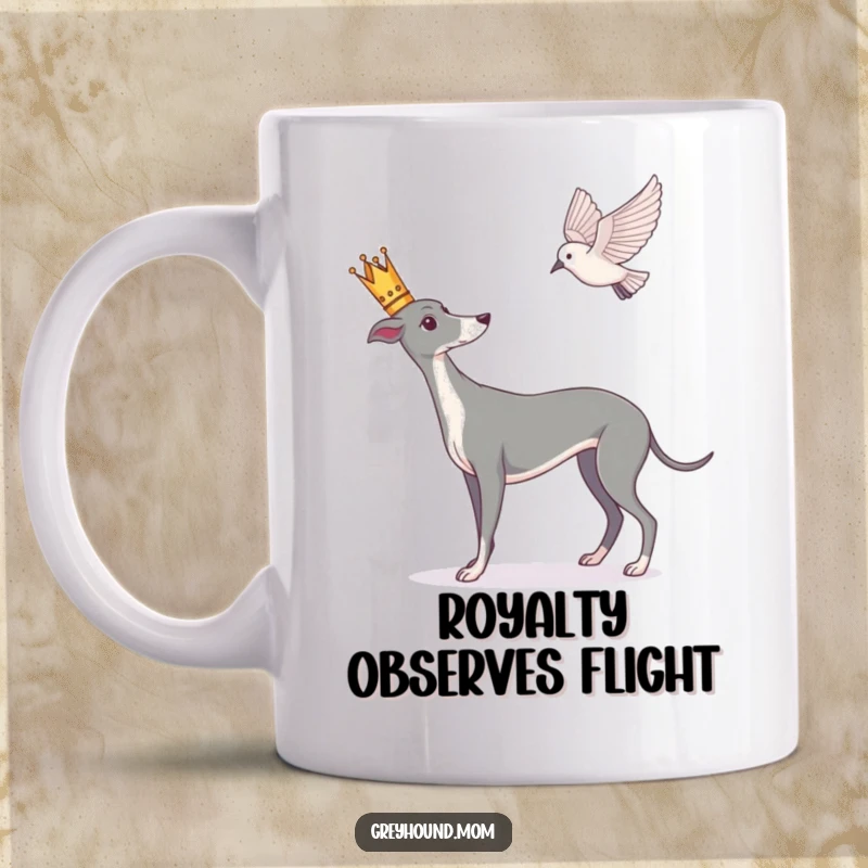 Funny Greyhound mug, elegant dog wearing a tiny crown, intently watching a bird fly high, regal contemplation.
