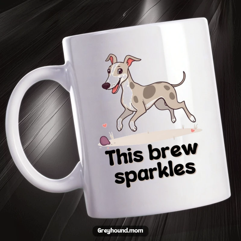 Funny mug: A Greyhound with a happy prance, joyfully enjoying its surroundings with a big smile.