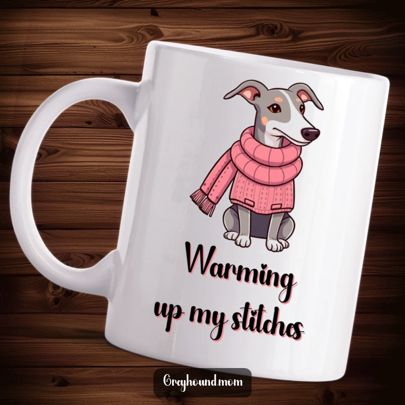 Funny Greyhound mug, wearing a warm sweater, actively knitting a long scarf with concentration. Great funny gift for dog lovers and crafters.