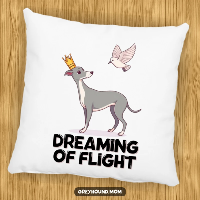 Funny Greyhound pillow, decorative cushion of a crowned dog watching a bird, plush and sophisticated.