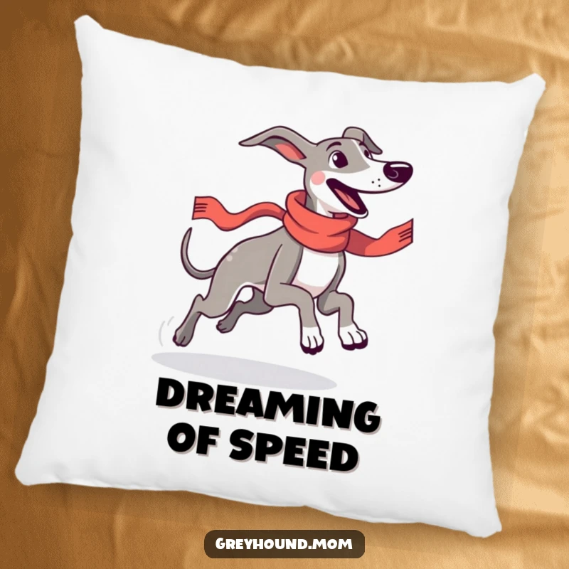 Funny Greyhound wearing a sleek racing scarf, running with unbridled joy, depicted on a soft pillow for humorous comfort.