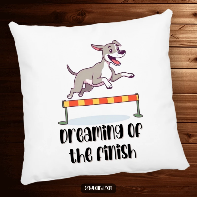 Funny Greyhound pillow, a happy dog leaping joyfully over a small hurdle, adding comfort and energetic vibes.